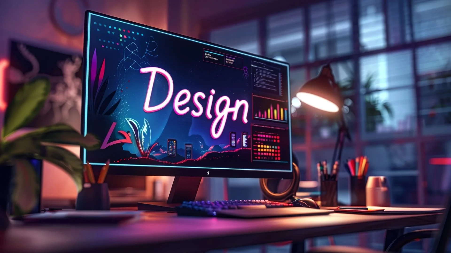 A studio monitor displaying vibrant web design graphics