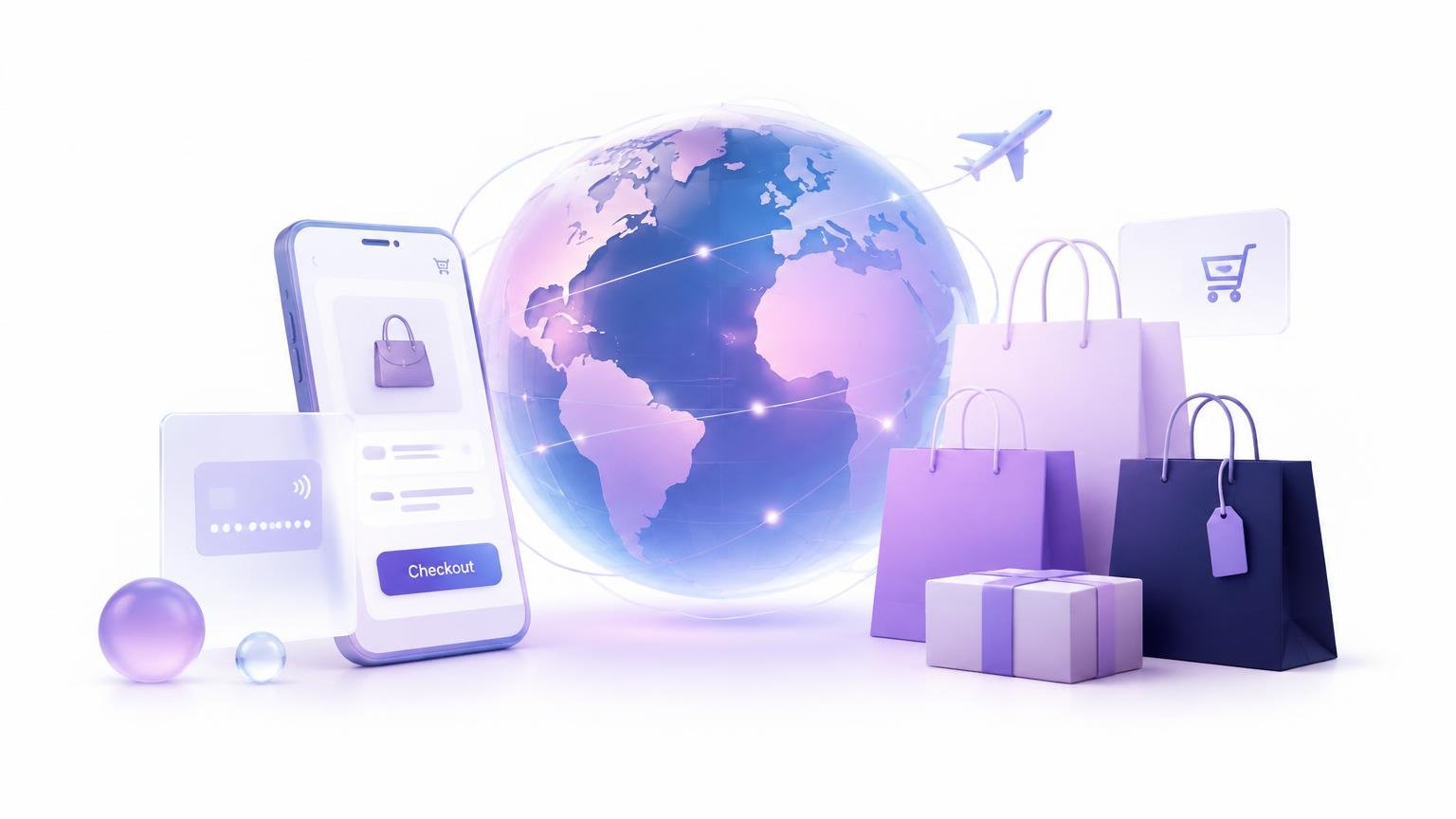 Glowing globe with a phone checkout and shopping bags